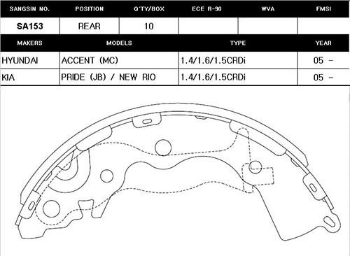 SA153 ARKA KAMPANA PABUÇ BALATA HYUNDAI ACCENT ERA 1.5L CRDi dizel 06-10 / 1.4L G4EE benzinli 06-10 / 1.6L