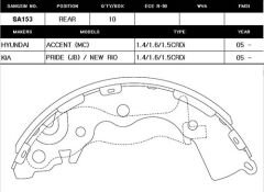 SA153 ARKA KAMPANA PABUÇ BALATA HYUNDAI ACCENT ERA 1.5L CRDi dizel 06-10 / 1.4L G4EE benzinli 06-10 / 1.6L